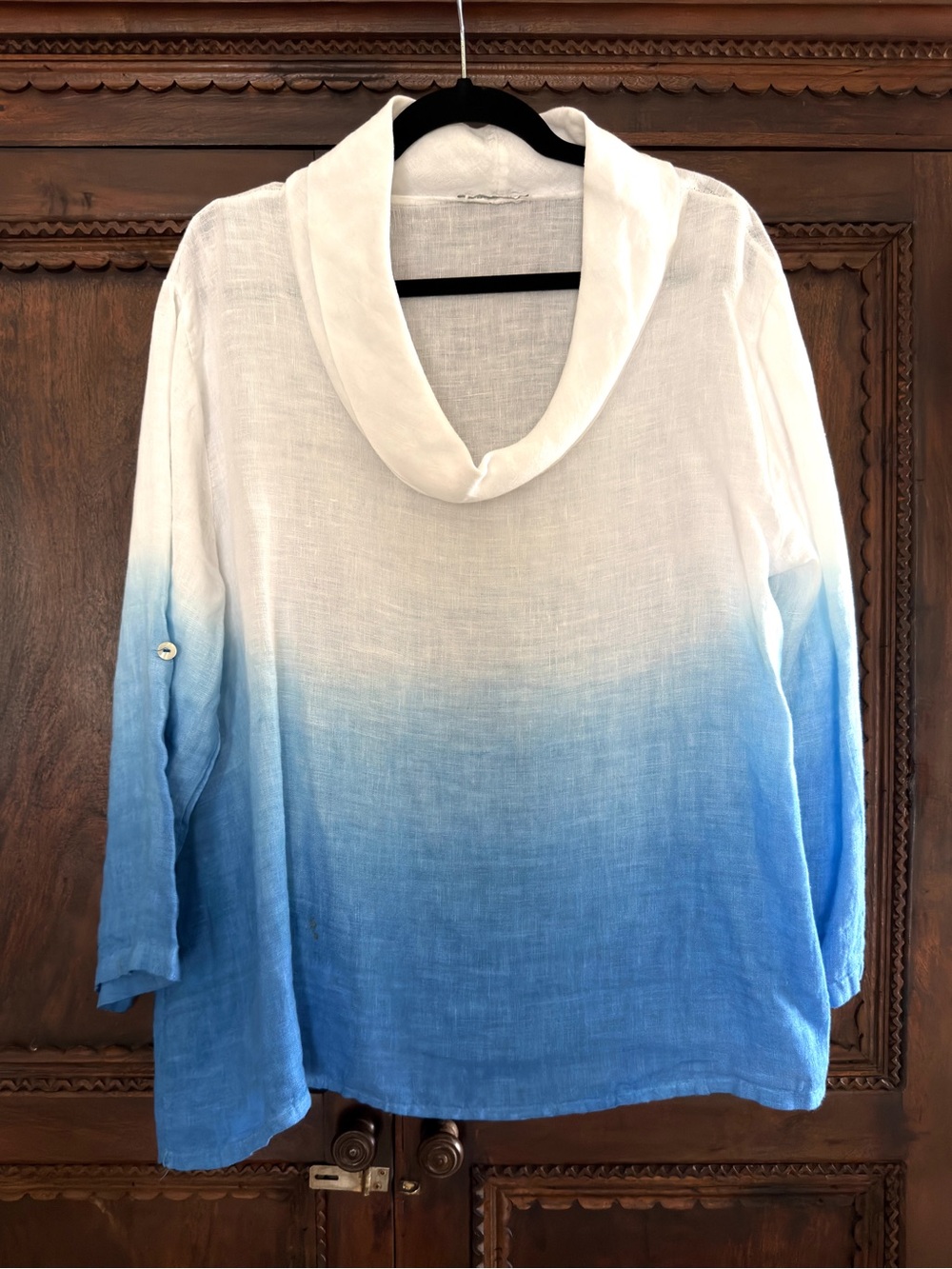 Women's Ombre Blue-White Linen Cowl Neck Blouse